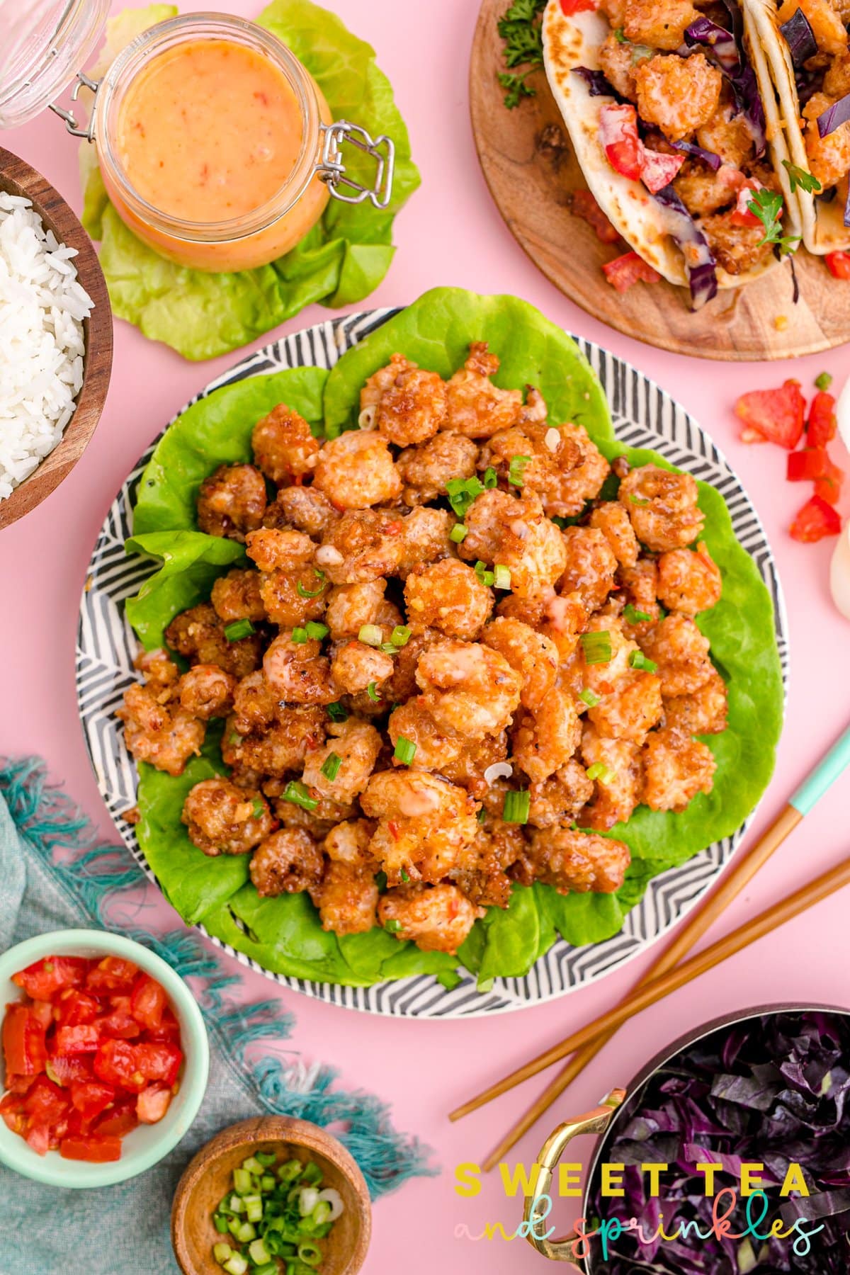 Overhead image of plated Copycat Bang Bang Shrimp Recipe.