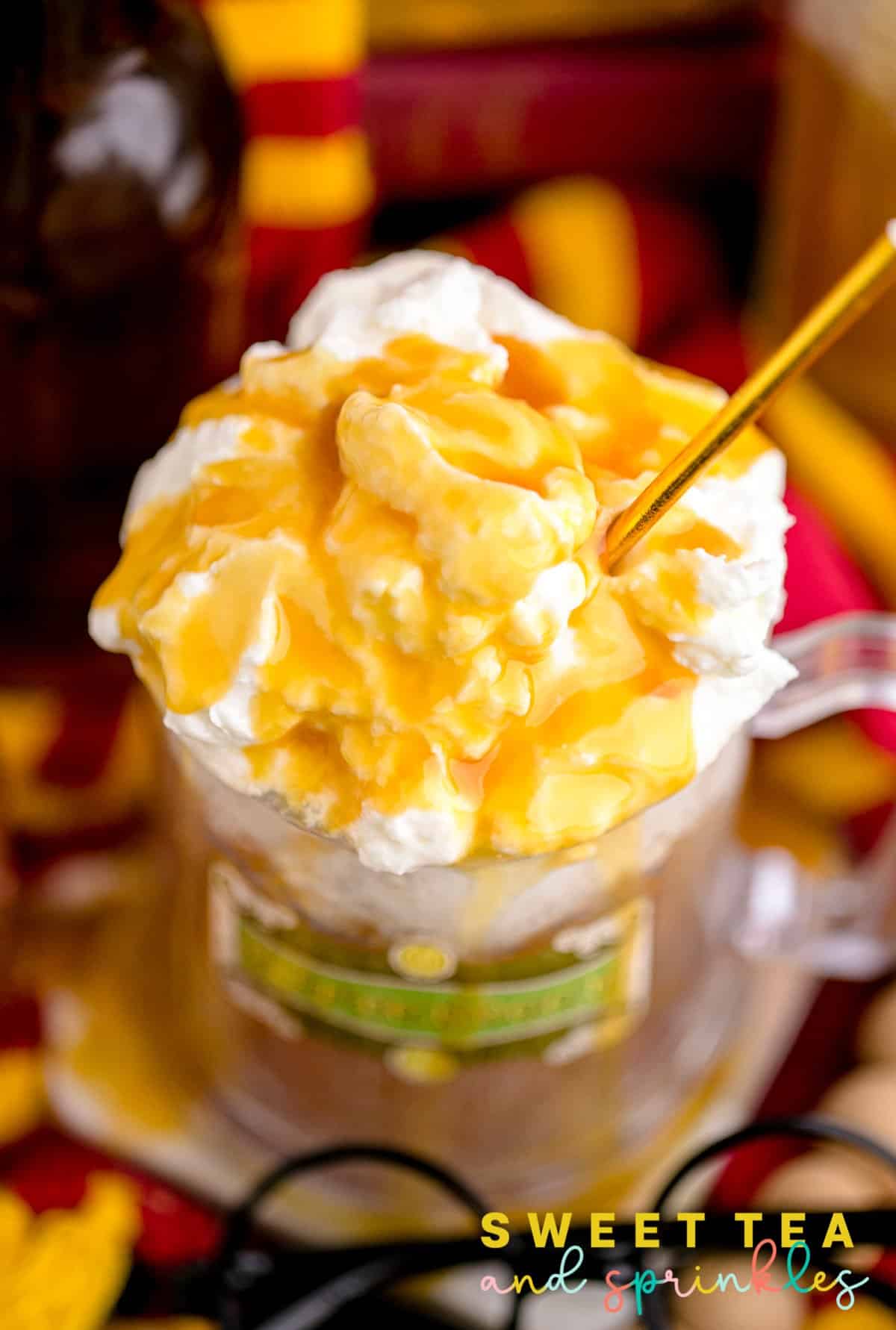 Overhead of drink showing butterscotch drizzle over whipped topping.