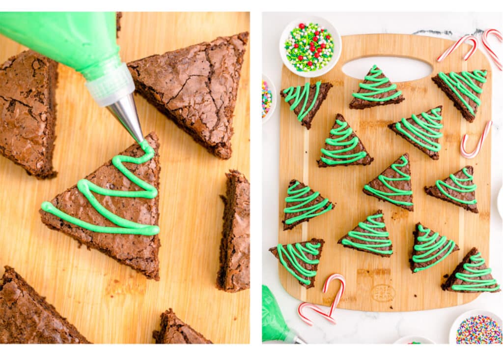 Christmas Tree Brownies being piped with green frosting