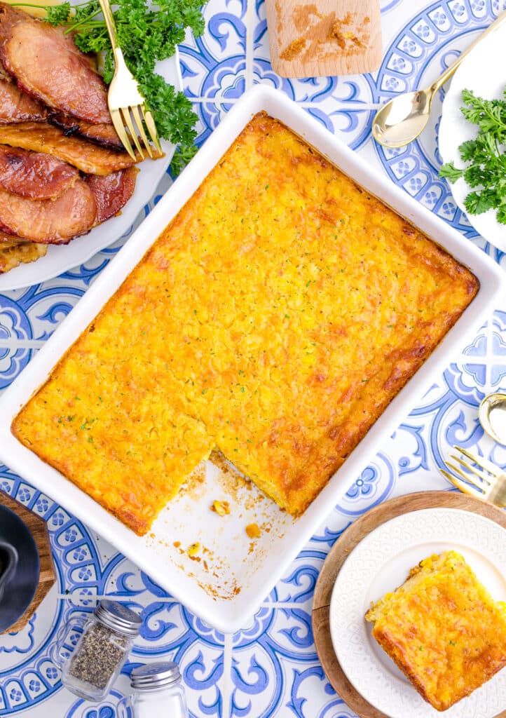 Cornbread Casserole in 9X13 pan with a piece cut out