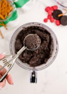 Oreo truffle batter in a cookie scoop.