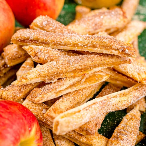 Apple pie fries with apple pie filling in the center and baked with a cinnamon sugar topping.