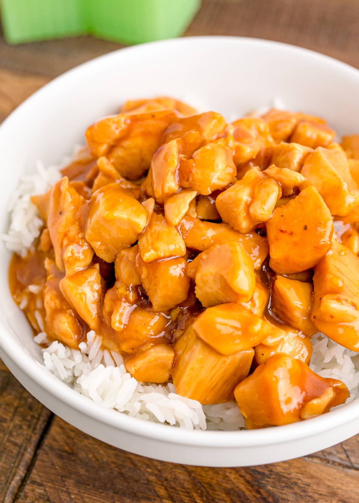 Easy orange chicken recipe served over top of white rice.
