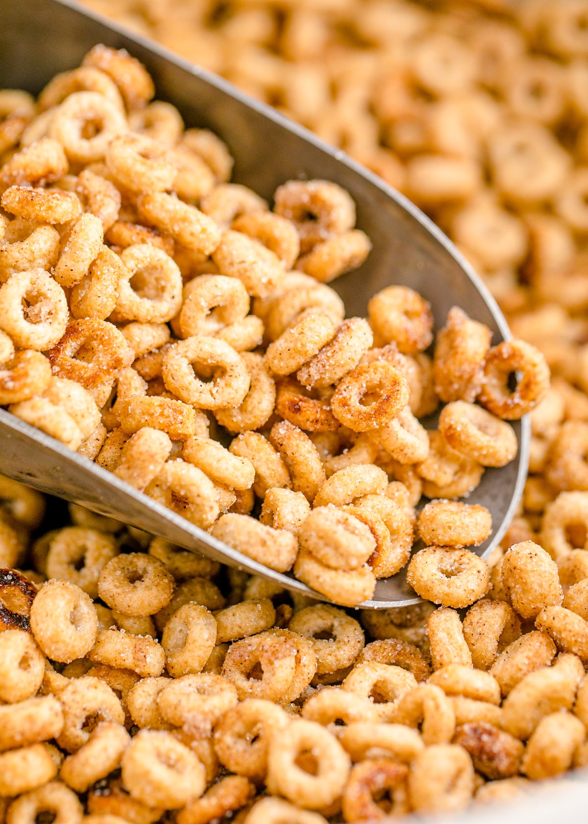 Hot buttered Cheerios that look like a little mini donuts in a metal scoop.