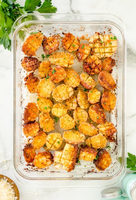 Parmesan crusted potatoes in a 9 x 13 baking dish.