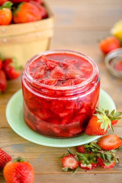 Strawberry Sauce in glass canning jar.