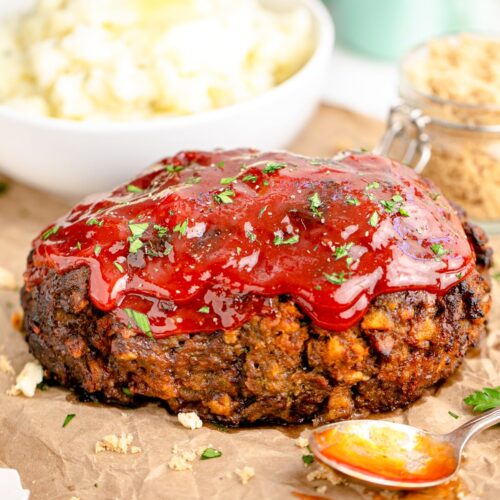 Stove Top Stuffing Meatloaf with a ketchup brown sugar glaze.