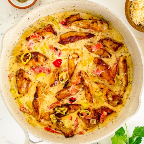 Creamy pepperoncini chicken in a large skillet.